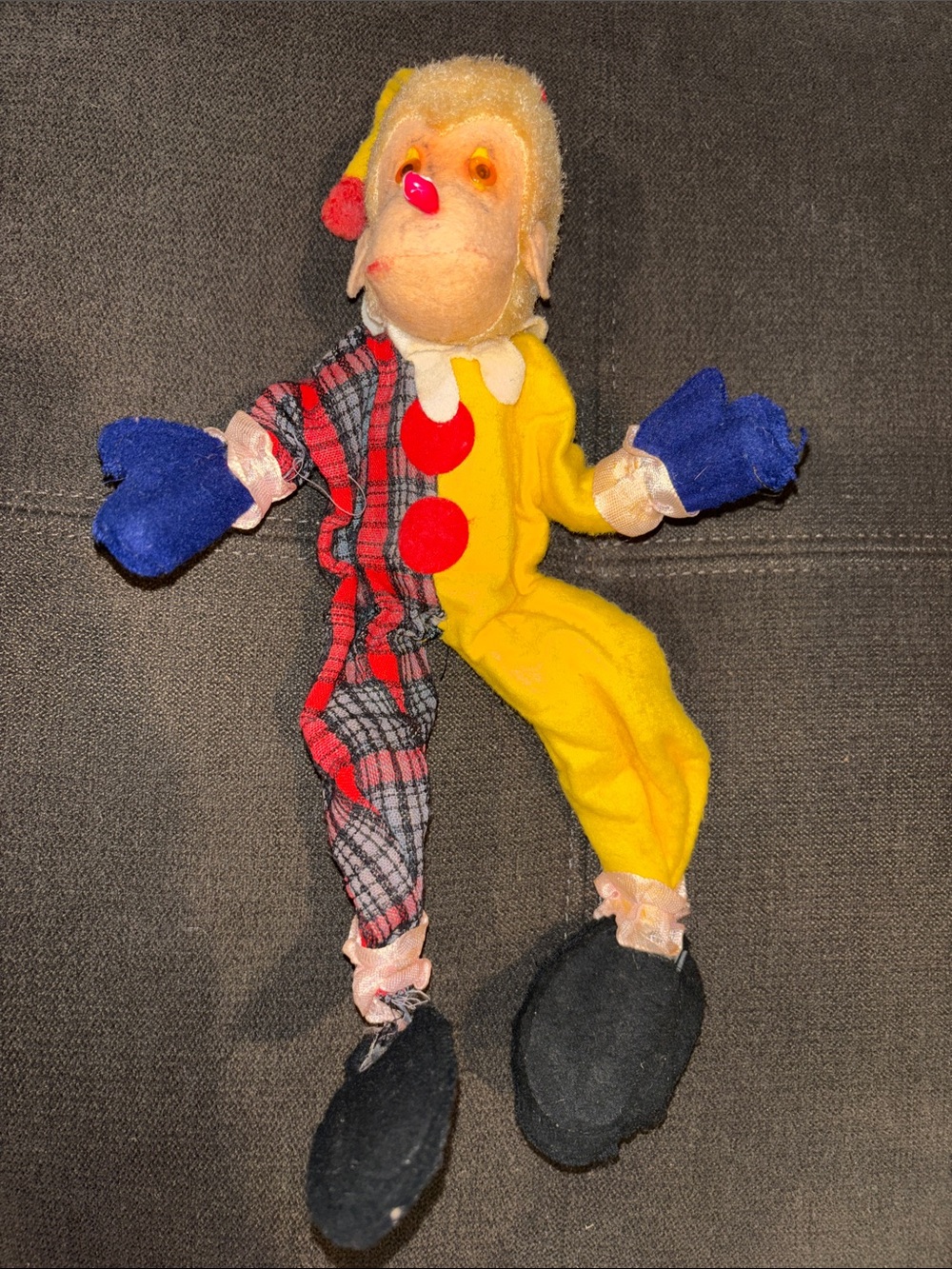 Ideal Toy Co Vintage Classic Yellow and Red Clown Monkey Doll Poseable